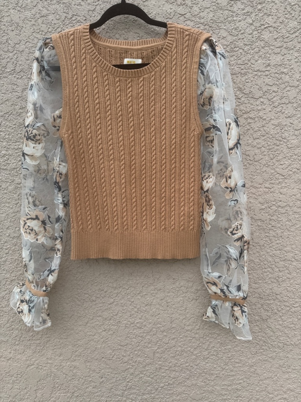 Maeve Camel Cable Knit Shell with Sheer Floral Sleeves